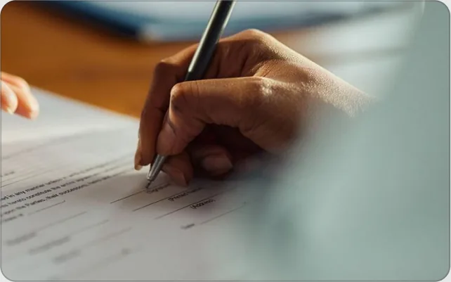 Mão preenchendo o formulário de coleta do teste genético